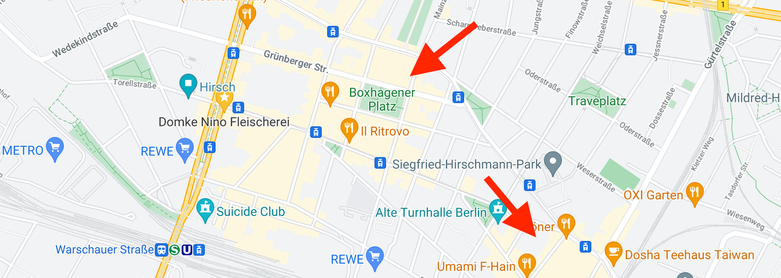 In Google Maps, orange areas are interesting areas. They have good bars and restaurants, but they are busy and loud. Berlin busy areas